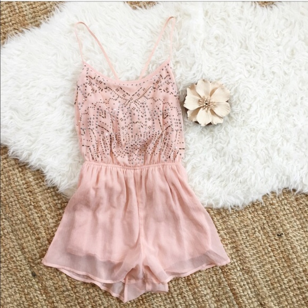 Hollister Light Pink Chiffon Beaded Cut-Out Romper